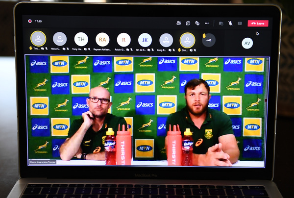 CAPE TOWN, SOUTH AFRICA - SEPTEMBER 21: Springbok coach Jacques Nienaber and Duane Vermeulen during the South African national men's rugby team announcement virtual media conference on September 21, 2021 in Cape Town, South Africa. (Photo by Ashley Vlotman/Gallo Images)