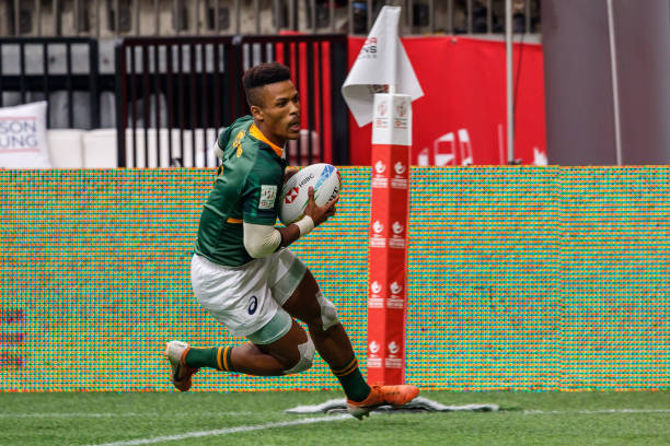 VANCOUVER, BC - MARCH 08: Angelo Davids #1 of South Africa goes in to score in Match #29, South Africa vs USA (Cup QF 1) during the Canada Sevens, Round 6 of the HSBC World Rugby Sevens Series, held on March 8, 2020, at BC Place in Vancouver, Canada.