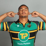 NORTHAMPTON, ENGLAND - AUGUST 26: Juarno Augustus of Northampton Saints poses for a portrait during the Northampton Saints squad photo call for the 2021-22 Gallagher Premiership Rugby season at Franklin's Gardens on August 26, 2021 in Northampton, England.