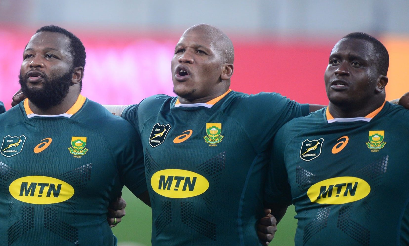 Siya Kolisi (captain), Ox Nche, Mbongeni Mbonambi and Trevor Nyakane of South Africa sing national anthem before the 2021 British and Irish Lions Tour first test between South Africa and BI Lions at Cape Town Stadium on 24 July 2021 ©Ryan Wilkisky/BackpagePix