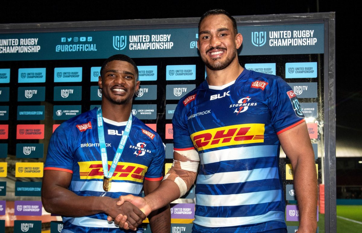 Mandatory Credit: Photo by Ashley Crowden/INPHO/Shutterstock/BackpagePix (12539546at) Dragons vs DHL Stormers . DHL Stormers' Warrick Gelant is presented with the Player of the Match award by Salmaan Moerat United Rugby Championship, Rodney Parade, Wales - 15 Oct 2021