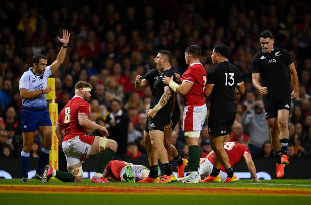 CARDIFF, WALES - OCTOBER 30: TJ Perenara of New Zealand celebrates after scoring his sides second try during the Autumn International match between Wales and New Zealand at Principality Stadium on October 30, 2021 in Cardiff, Wales.