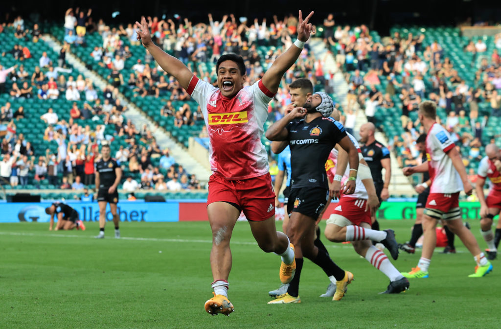 LONDON, ENGLAND - JUNE 26: Ben Tapuai of Harlequins celebrates victory on the final whistle during the Gallagher Premiership Rugby Final between Exeter Chiefs and Harlequins at Twickenham Stadium on June 26, 2021 in London, England.