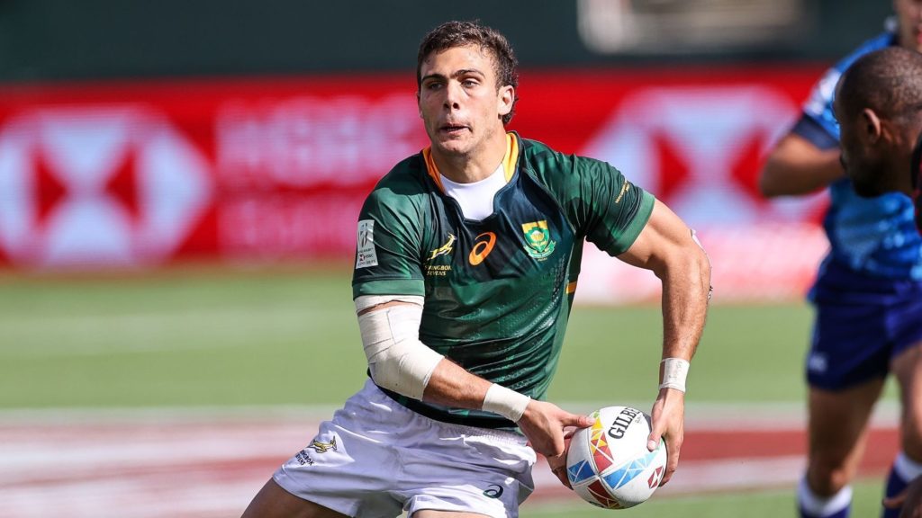 Muller du Plessis of South Africa looks for support during the match between Kenya and South Africa on day 2 of the HBC Canada Sevens Edmonton held at the Commonwealth Stadium in Edmonton, Canada on 26th September 2021.