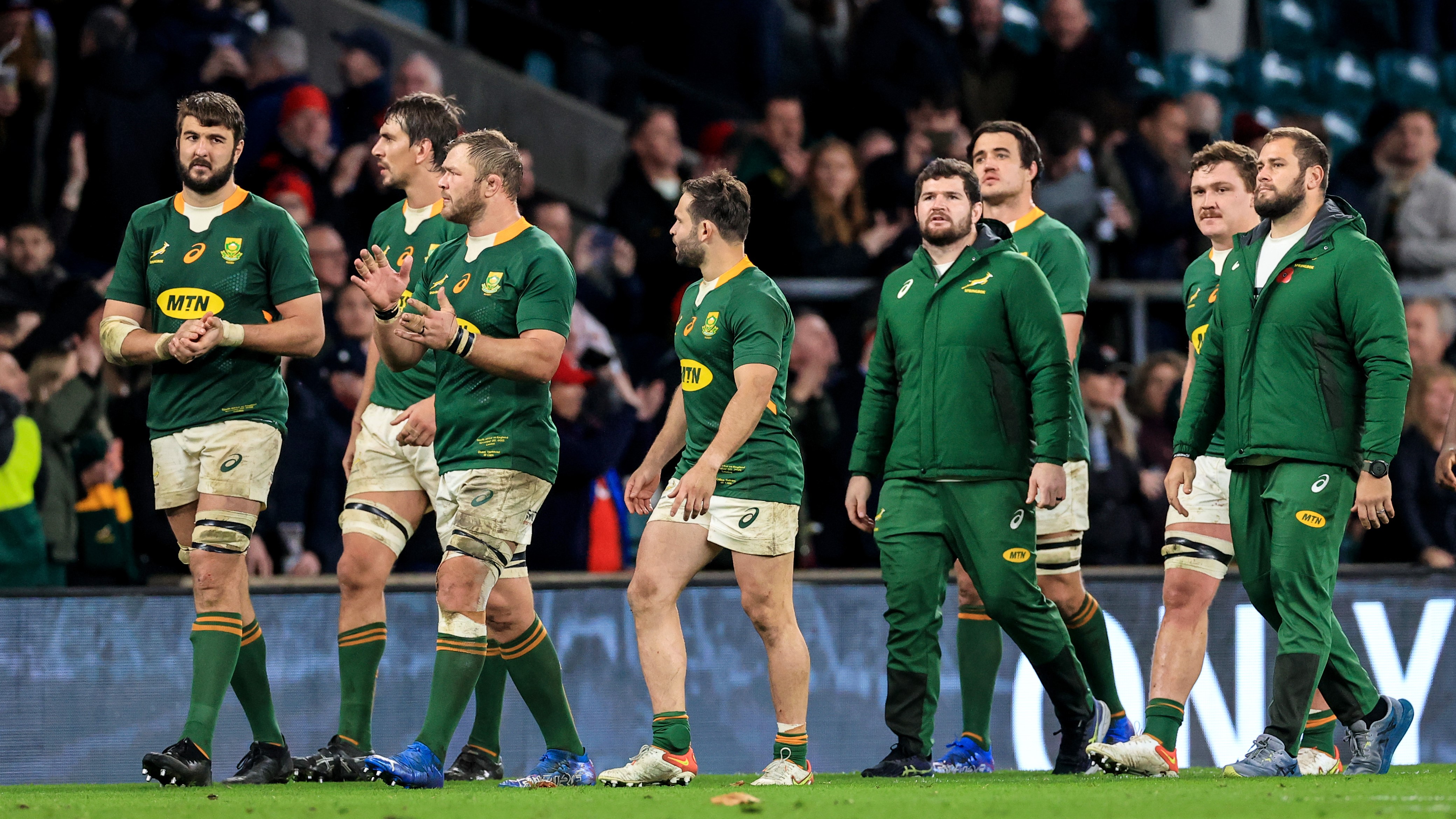 Mandatory Credit: Photo by Billy Stickland/INPHO/Shutterstock/BackpagePix (12611048bd) England vs South Africa. The Springboks dejected after the game Autumn Nations Series, Twickenham Stadium, London, England - 20 Nov 2021
