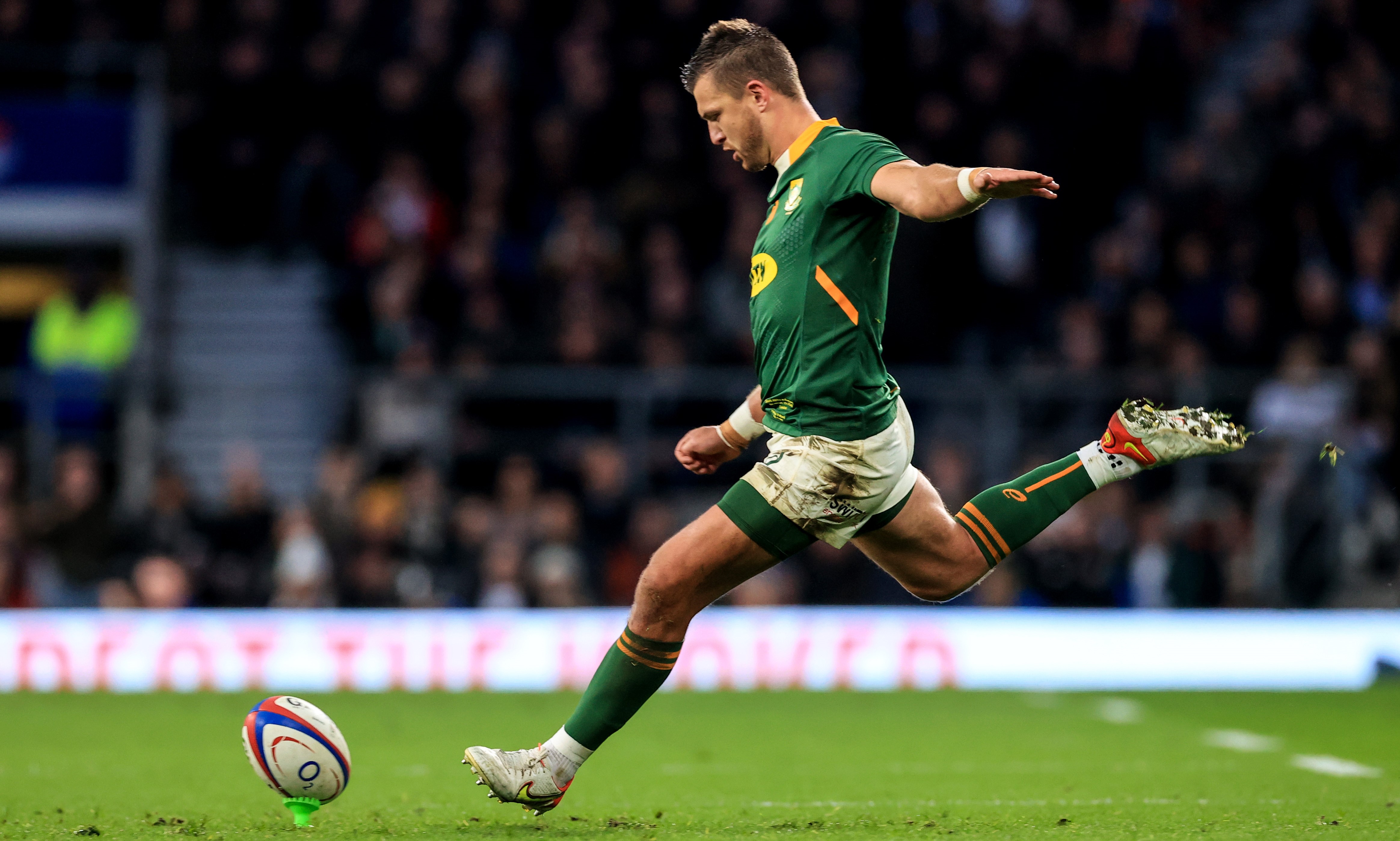 Mandatory Credit: Photo by Billy Stickland/INPHO/Shutterstock/BackpagePix (12611048z) England vs South Africa. South Africa's Handre Pollard takes a kick Autumn Nations Series, Twickenham Stadium, London, England - 20 Nov 2021