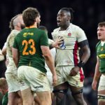 Mandatory Credit: Photo by Patrick Khachfe/JMP/Shutterstock/BackpagePix (12611247ay) Tempers flare between the two sides as Maro Itoje of England gets involved England v South Africa, UK - 20 Nov 2021