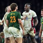 Mandatory Credit: Photo by Patrick Khachfe/JMP/Shutterstock/BackpagePix (12611247ay) Tempers flare between the two sides as Maro Itoje of England gets involved England v South Africa, UK - 20 Nov 2021