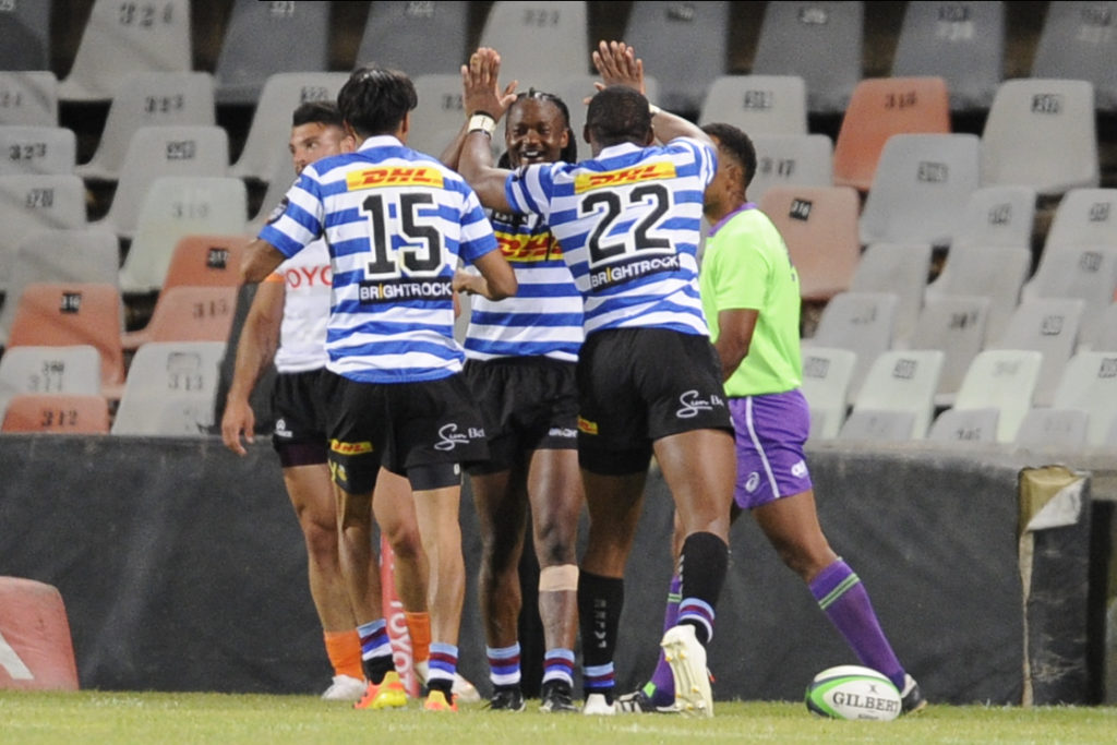 BLOEMFONTEIN, SOUTH AFRICA - NOVEMBER 13: The DHL Stormers celebrating their winning try by Seabelo Senatla during the Toyota Challenge match between Toyota Cheetahs and DHL Stormers XV at Toyota Stadium on November 13, 2021 in Bloemfontein, South Africa.