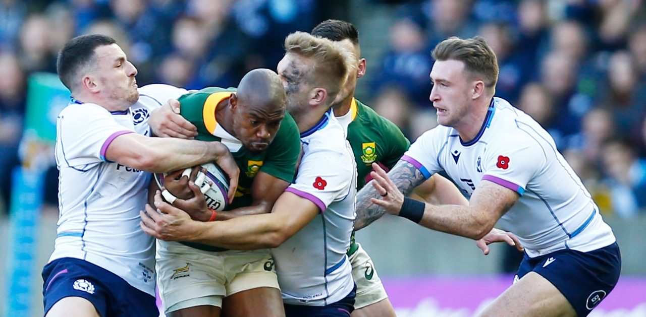 EDINBURGH, SCOTLAND - NOVEMBER 13: Makazole Mapimpi of South Africa in action during the 2021 Castle Lager Outgoing Tour match between South Africa and Scotland at Murrayfield on November 13, 2021 in Edinburgh, Scotland. (Photo by Steve Haag/Gallo Images/Getty Images)