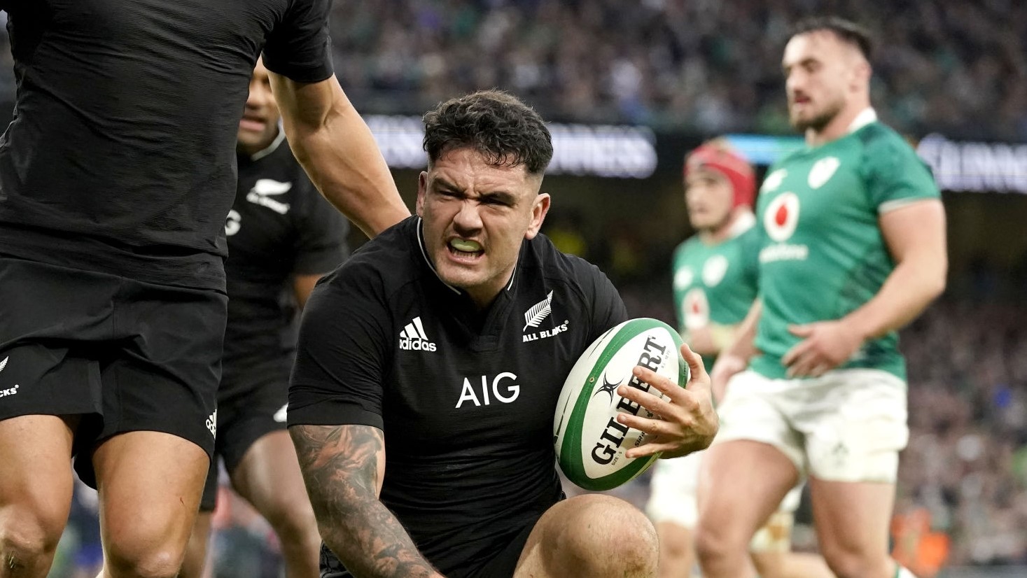 New Zealand's Codie Taylor celebrates scoring his sides first try during the Autumn International match at Aviva Stadium, Dublin. Picture date: Saturday November 13, 2021. (Photo by Niall Carson/PA Images via Getty Images)