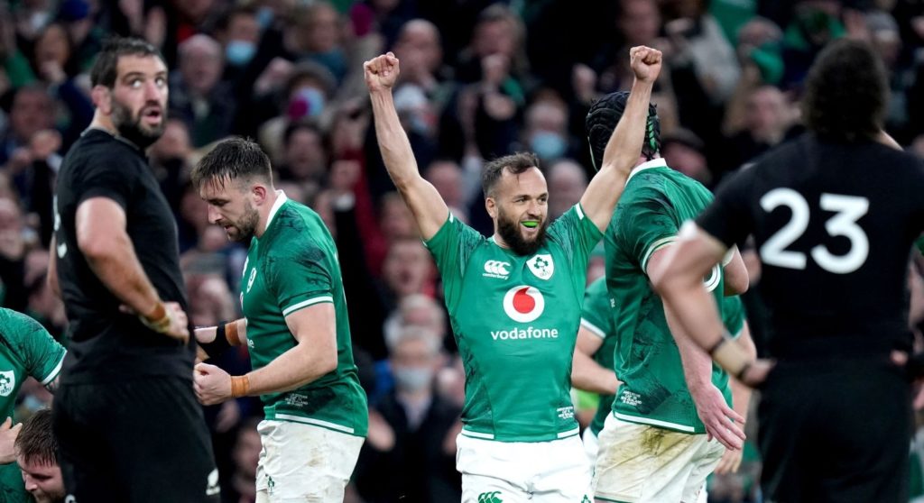 Ireland's Jamison Gibson-Park (centre) celebrates after Ronan Kelleher (not pictured) scores his sides second try during the Autumn International match at Aviva Stadium, Dublin. Picture date: Saturday November 13, 2021. (Photo by Niall Carson/PA Images via Getty Images)