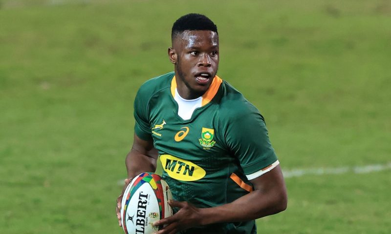 PRETORIA, SOUTH AFRICA - JULY 02: Aphelele Fassi of South Africa breaks with the ball during the Rugby Union international match between South Africa and Georgia at Loftus Versfeld Stadium on July 02, 2021 in Pretoria, South Africa.