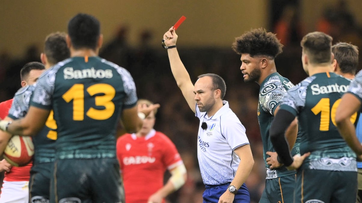 CARDIFF, WALES - NOVEMBER 20: Australia number 8 Rob Valetini is red carded by referee Mike Adamson during the Autumn Nations Series match between Wales and Australia at Principality Stadium on November 20, 2021 in Cardiff, Wales. (Photo by Stu Forster/Getty Images)