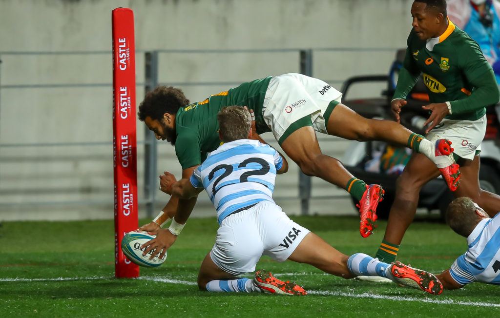 GQEBERHA, SOUTH AFRICA - AUGUST 14: Try time for debutant Jaden Hendrikse of the Springboks during the Castle Lager Rugby Championship match between South Africa and Argentina at Nelson Mandela Bay Stadium on August 14, 2021 in Gqeberha, South Africa.