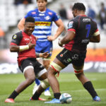 CAPE TOWN, SOUTH AFRICA - DECEMBER 04: Vincent Tshituka and Wandisile Simelane of the Lions celebrate after scoring a try during the United Rugby Championship match between DHL Stormers and Emirates Lions at DHL Stadium on December 04, 2021 in Cape Town, South Africa.