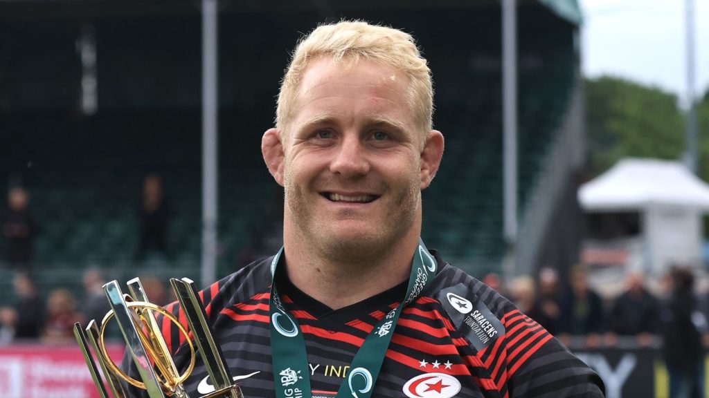 BARNET, ENGLAND - JUNE 20: Vincent Koch of Saracens celebrates after their victory during the Saracens v Ealing Trailfinders Greene King IPA Championship Play Off Final 2nd Leg at StoneX Stadium on June 20, 2021 in Barnet, England. (Photo by David Rogers - RFU/The RFU Collection via Getty Images)