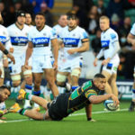 NORTHAMPTON, ENGLAND - DECEMBER 04: Juarno Augustus of Northampton Saints dives over for his second and Northampton's fourth try during the Gallagher Premiership Rugby match between Northampton Saints and Bath Rugby at Franklin's Gardens on December 04, 2021 in Northampton, England.