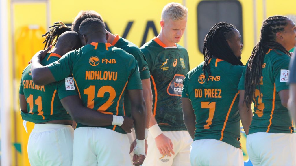 Blitzboks huddle after the game against Scotland on day one of the HSBC Spain Sevens Malaga at Ciudad de Malaga Athletics Stadium on 21 January, 2022. Photo credit: Martin Seras Lima/World Rugby/BackpagePix