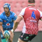 Kurt-Lee Arendse of the Vodacom Bulls and Ruben Schoeman of the Emirates Lions during the United Rugby Championship 2021/22 game between the Emirates Lions and the Vodacom Bulls at Emirates Airline Park in Johannesburg on 29 January 2022 ©Christiaan Kotze/BackpagePix
