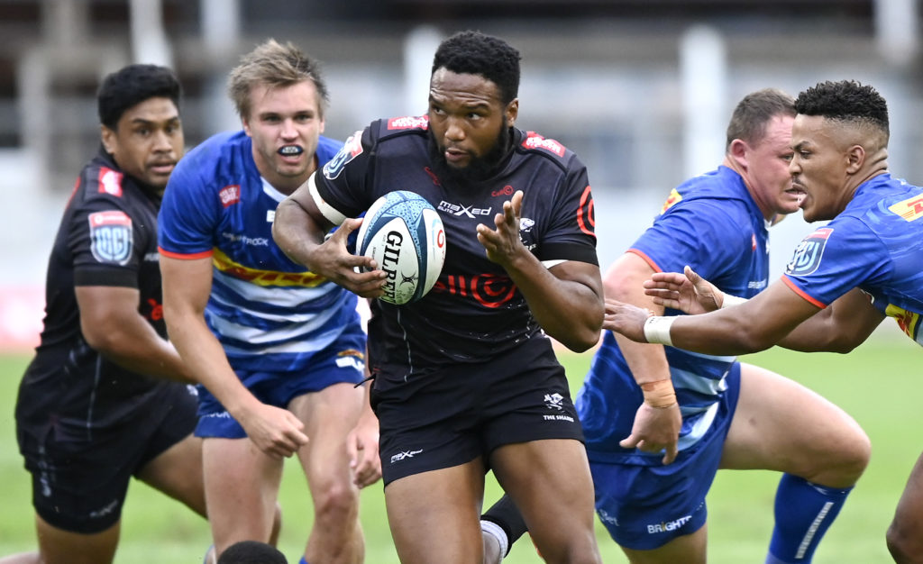 Lukhanyo Am, Captain of the Sharks finds the gap in the Stormers defence during the United Rugby Championship 2021/22 match between the Sharks and Stormers held at Kings Park in Durban on 29 January 2021 ©Gerhard Duraan/BackpagePix