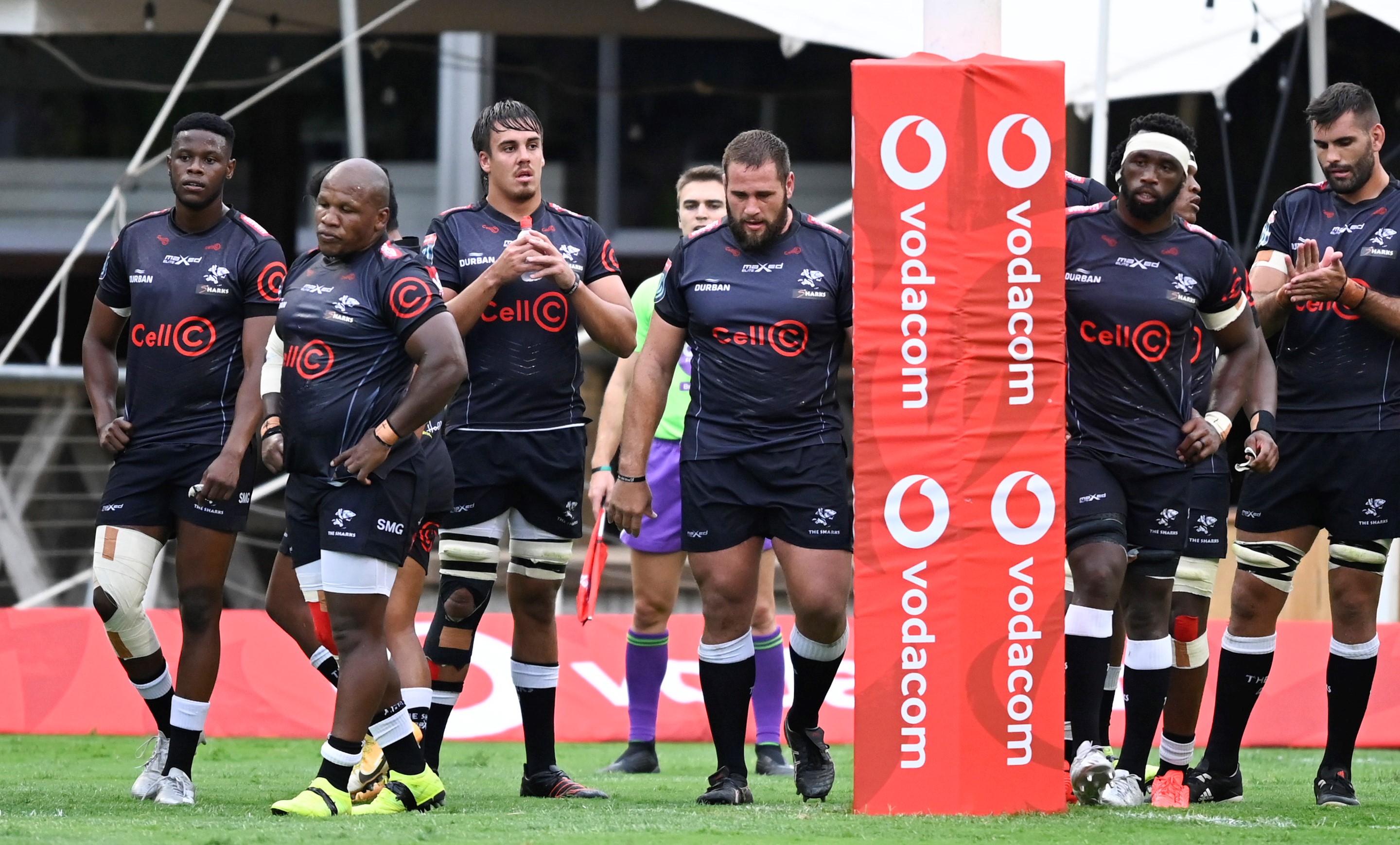 Sharks team under the posts during the United Rugby Championship 2021/22 match between the Sharks and Stormers held at Kings Park in Durban on 29 January 2021 ©Gerhard Duraan/BackpagePix