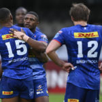 Damian Willemse of the Stormers congratulates Warrick Gelant of the Stormers on his try during the United Rugby Championship 2021/22 match between the Sharks and Stormers held at Kings Park in Durban on 29 January 2021 ©Gerhard Duraan/BackpagePix