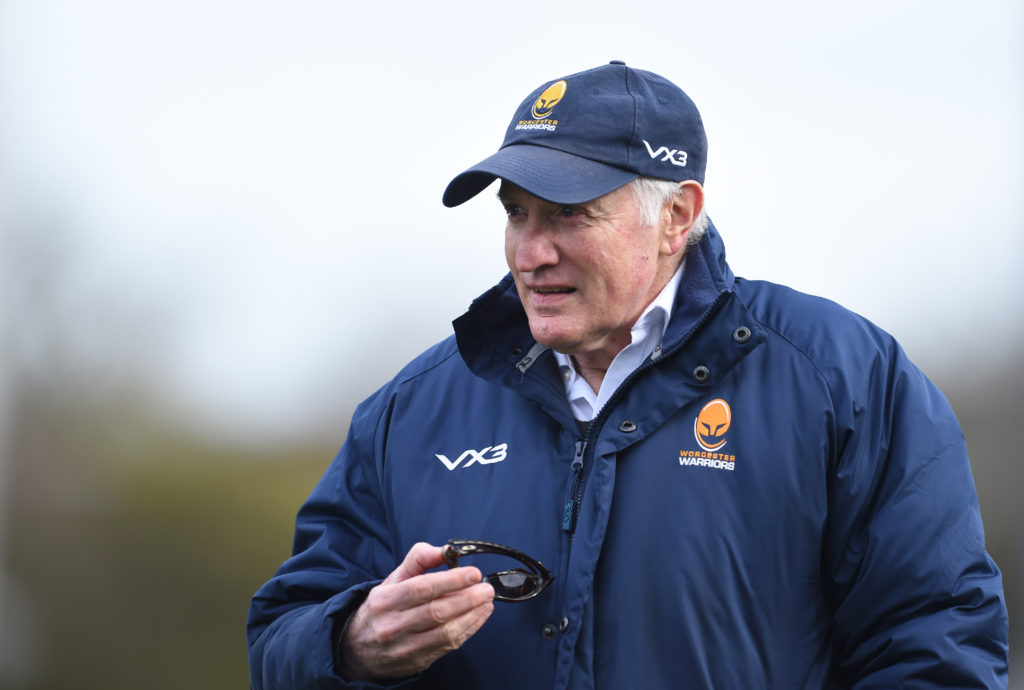WORCESTER, ENGLAND - MARCH 09: Alan Solomons Worcester Warriors director of rugby looks on during the Gallagher Premiership Rugby match between Worcester Warriors and Exeter Chiefs at Sixways Stadium on March 09, 2019 in Worcester, United Kingdom.