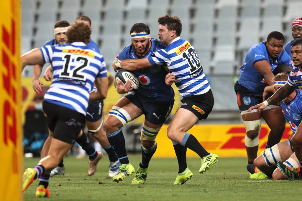 CAPE TOWN, SOUTH AFRICA - JANUARY 19:Captain of the Vodacom Bulls Marcell Coetzee charges with the ball during the Carling Currie Cup match between DHL Western Province and Vodacom Bulls at DHL Stadium on January 19, 2022 in Cape Town, South Africa.
