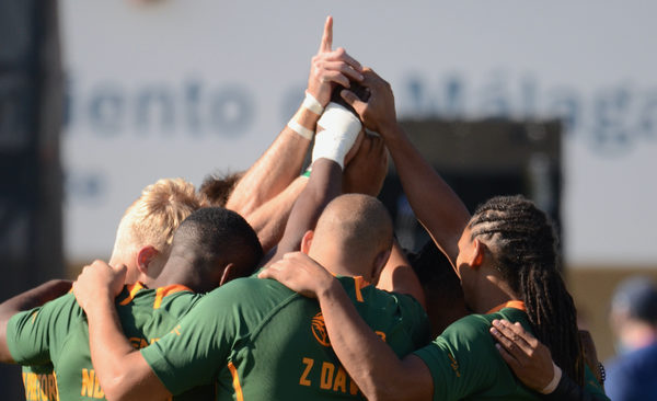 MALAGA, SPAIN - JANUARY 22: General view of South African players during the 2022 HSBC Spain Sevens match between South Africa and England at Estadio Ciudad de Malaga on January 22, 2022 in Malaga, Spain. (Photo by David Van Der Sandt/Gallo Images)