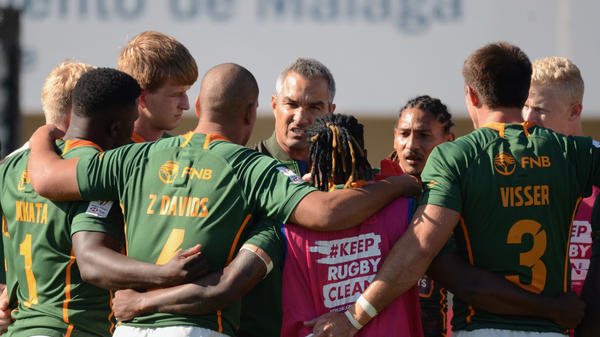 MALAGA, SPAIN - JANUARY 22: General view of South African players during the 2022 HSBC Spain Sevens match between South Africa and England at Estadio Ciudad de Malaga on January 22, 2022 in Malaga, Spain. (Photo by David Van Der Sandt/Gallo Images)