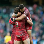 Cheslin Kolbe and Antoine Dupont (c) celebrates after winning the European Champions Cup match between La Rochelle and Toulouse at Twickenham Stadium, London, England on 22nd May 2021.