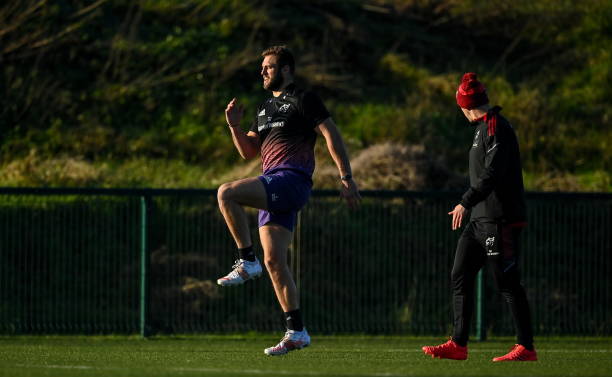 Limerick , Ireland - 11 January 2022; Jason Jenkins with physiotherapist Ray McGinley during Munster rugby squad training at University of Limerick in Limerick.