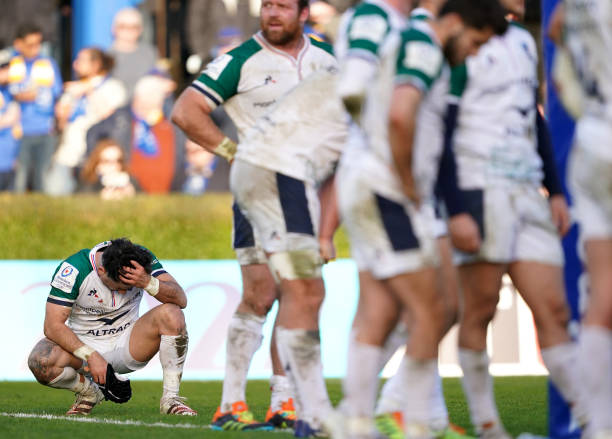 Montpellier's Gela Aprasidze reacts after Leinster's James Lowe (not pictured) scores their side's thirteenth try of the gameduring the Heineken Champions Cup, Pool A match at RDS Arena in Leinster, Ireland. Picture date: Sunday January 16, 2022.