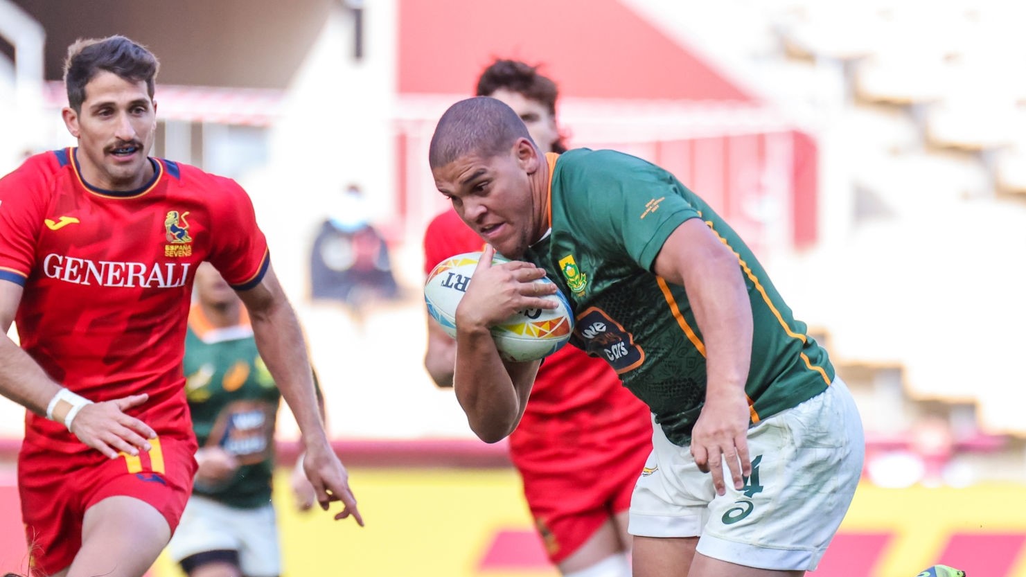 Zain Davis of South Africa in action during the Men's HSBC World Rugby Sevens Series 2022 match between Spain and South Africa at the La Cartuja stadium in Seville, on January 29, 2022. (Photo by DAX Images/NurPhoto via Getty Images)