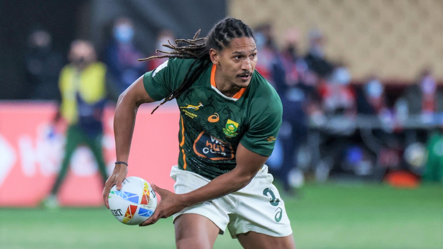 Justin Geduld of South Africa in action during the Men's HSBC World Rugby Sevens Series 2022 Final match between Australian and South Africa at the La Cartuja stadium in Seville, on January 30, 2022. (Photo by DAX Images/NurPhoto via Getty Images)