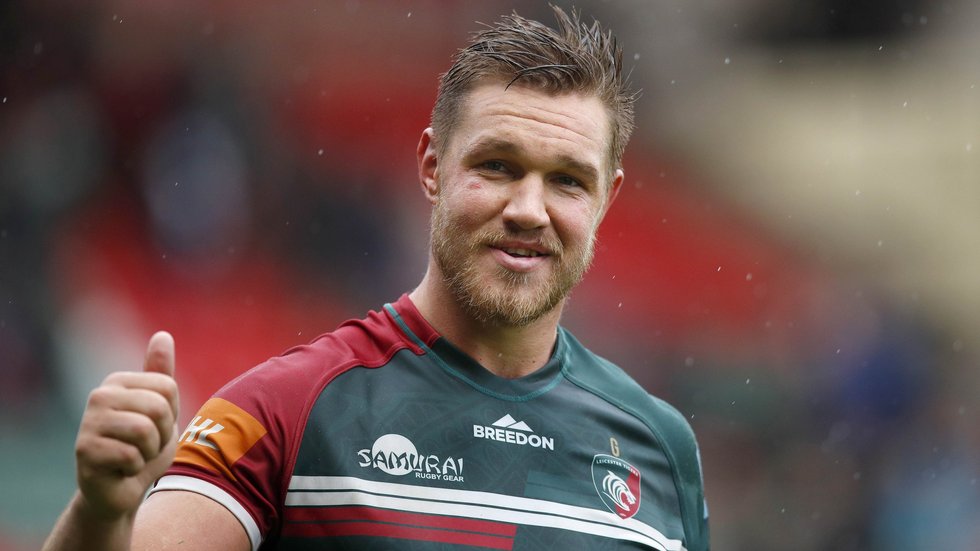 LEICESTER, ENGLAND - OCTOBER 02: Hanro Liebenberg of Leicester Tigers looks on during the Gallagher Premiership Rugby match between Leicester Tigers and Saracens at Mattioli Woods Welford Road Stadium on October 02, 2021 in Leicester, England.