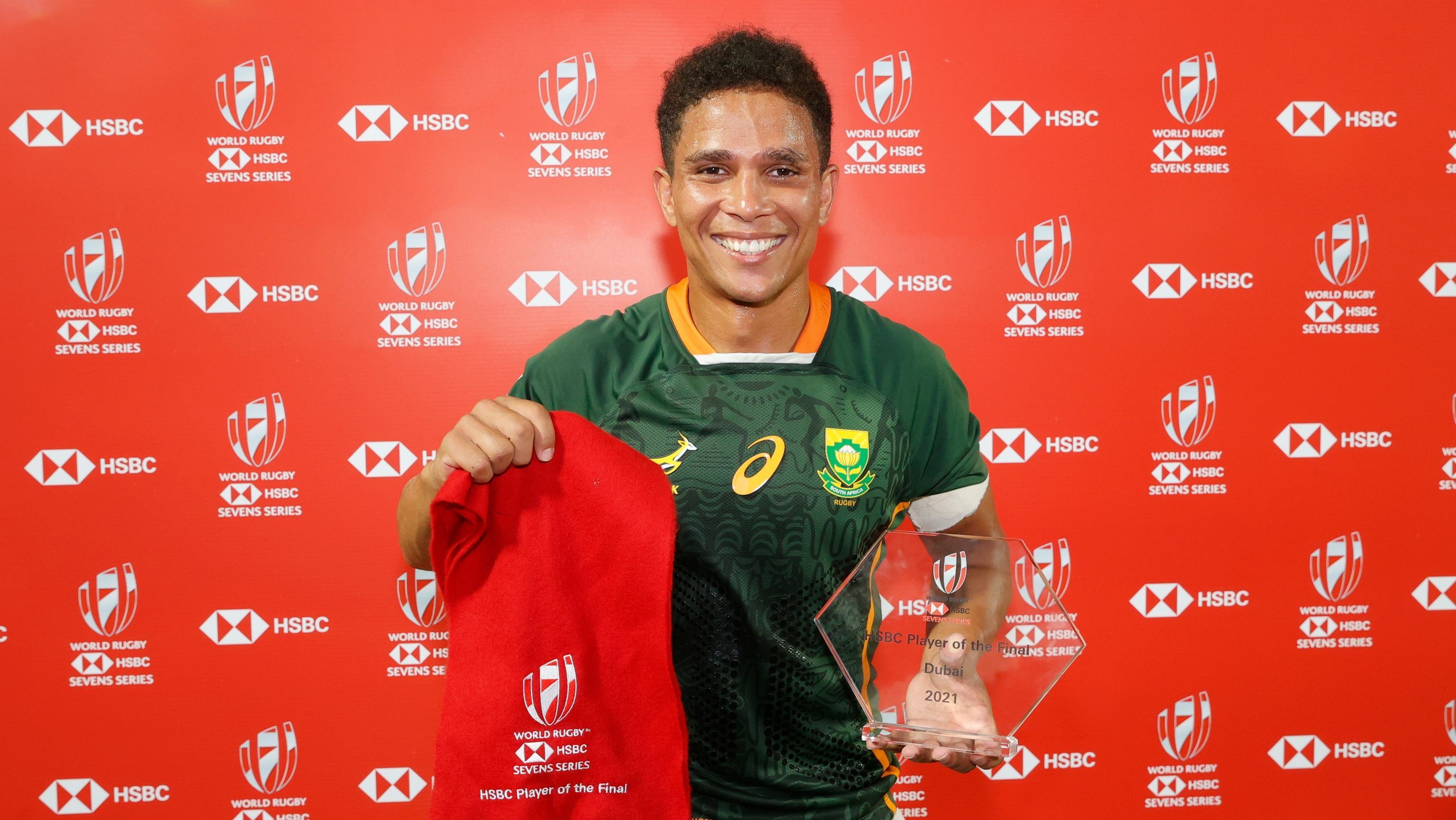South Africa's Ronald Brown is HSBC player of the Final on day two of the Dubai Emirates Airline Rugby Sevens 2021 men's competition on 27 November, 2021. Photo credit: Mike Lee - KLC fotos for World Rugby/BackpagePix