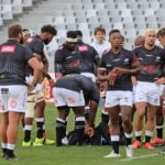 Sharks players after warm up before the United Rugby Championship 2021/22 game between the Stormers and the Sharks at Cape Town Stadium on 5 February 2022 © Ryan Wilkisky/BackpagePix