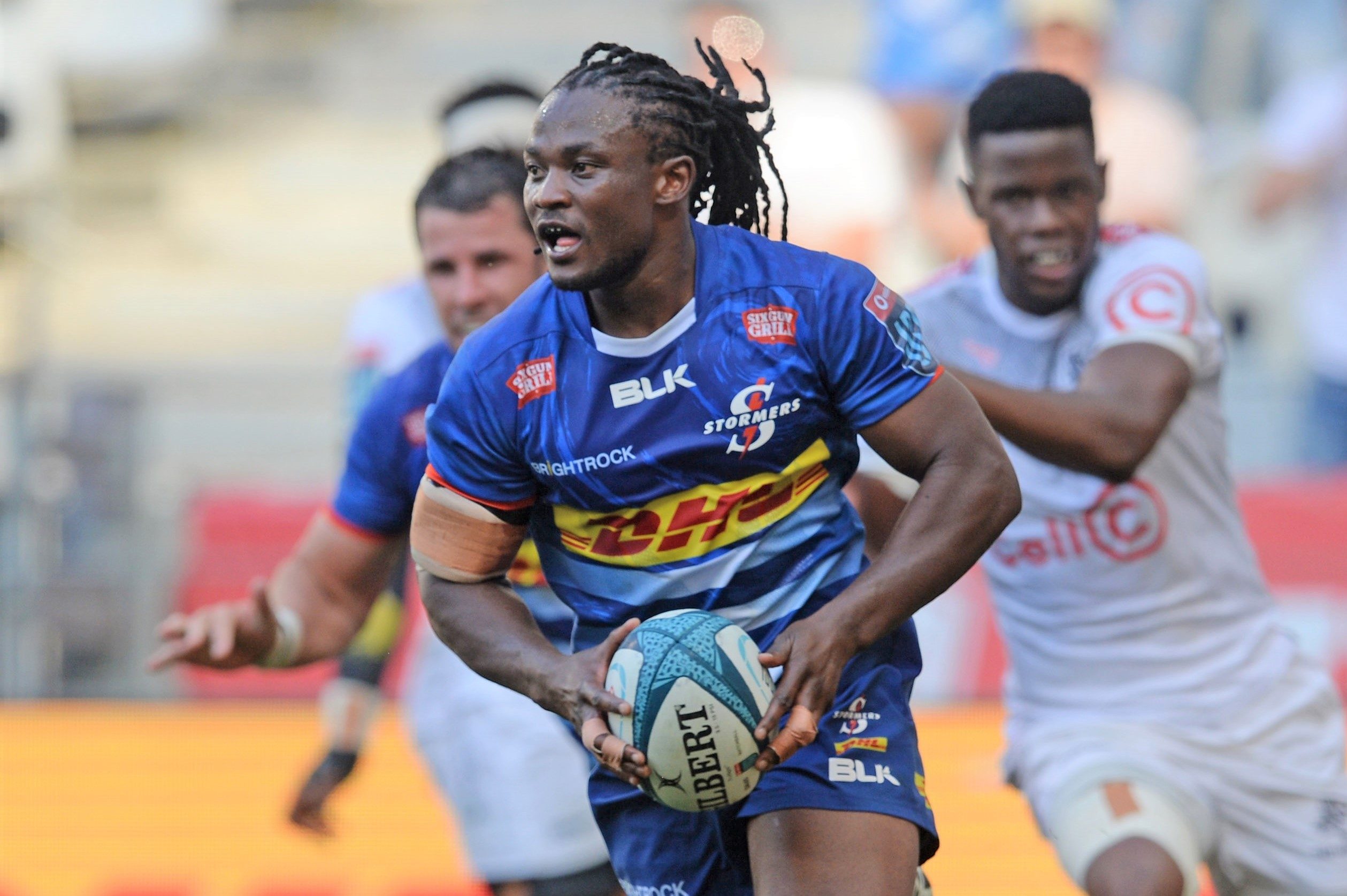Seabelo Senatla of the Stormers scores a try during the United Rugby Championship 2021/22 game between the Stormers and the Sharks at Cape Town Stadium on 5 February 2022