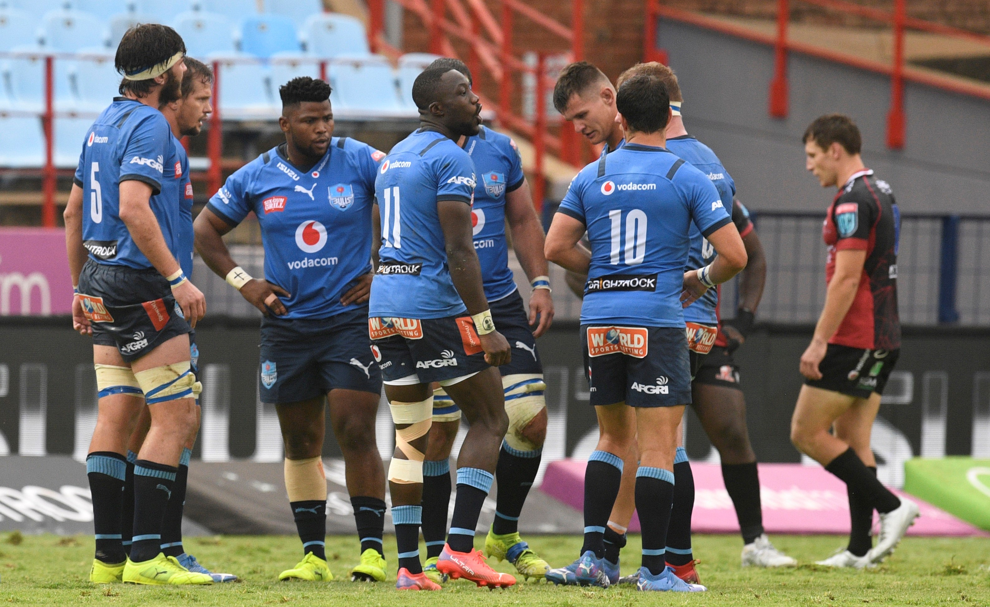 Blue Bulls players during the United Rugby Championship 2021/22 rugby match between Blue Bulls and Lions on the 05 February 2022 at Loftus Versfeld Stadium / Pic Sydney Mahlangu/BackpagePix