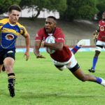 14 2 2022 *** 2022 FNB Varsity Cup Round 1, FNB UWC vs FNB Shimlas at UWC stadium. Litha Nkula from FNB Shimlas with the ball and a try Photo by Nasief Manie