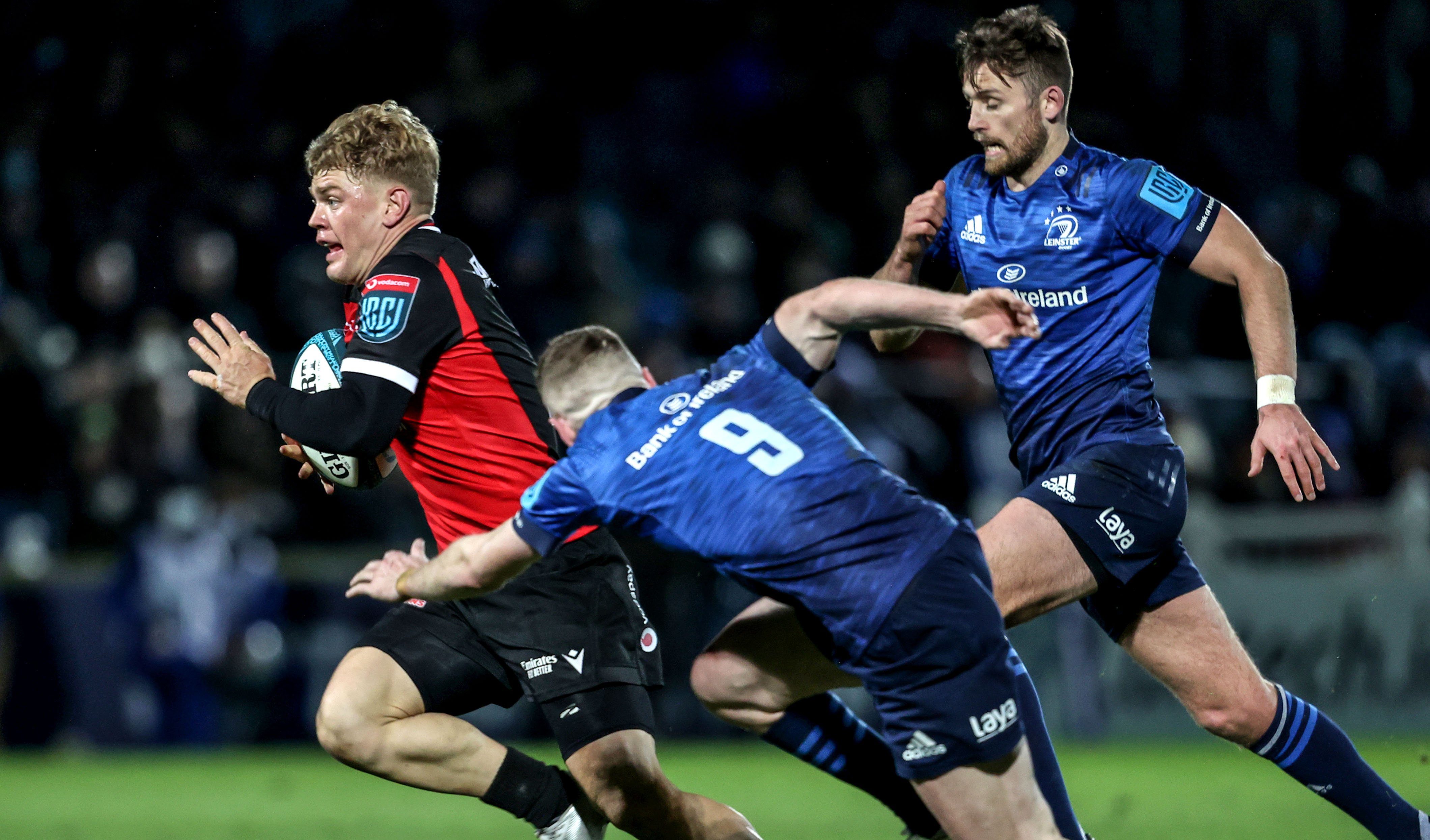 Mandatory Credit: Photo by Dan Sheridan/INPHO/Shutterstock/BackpagePix (12823240af) Leinster vs Emirates Lions. Lions' Morne van den Berg with Nick McCarthy of Leinster United Rugby Championship, RDS, Dublin - 25 Feb 2022