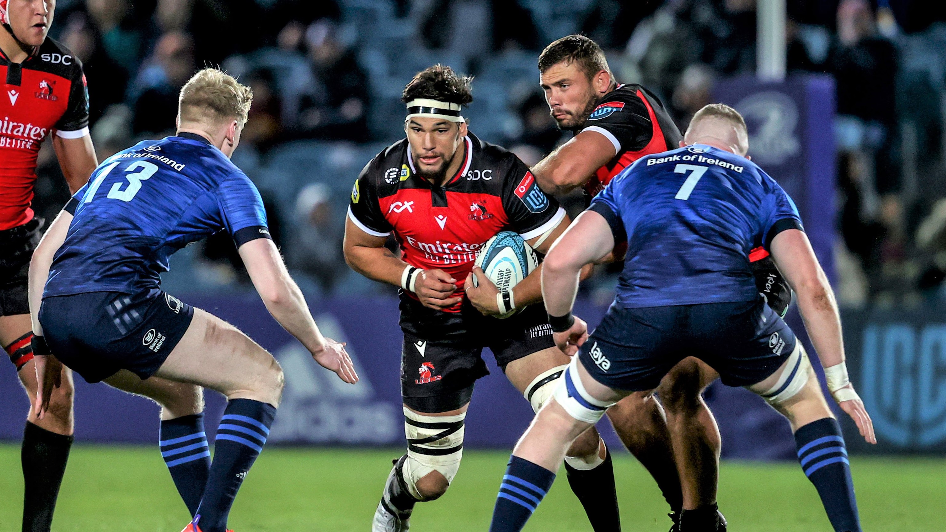 Mandatory Credit: Photo by Dan Sheridan/INPHO/Shutterstock/BackpagePix (12823240s) Leinster vs Emirates Lions. Lions' PJ Steenkamp with Dan Leavy and Jamie Osborne of Leinster United Rugby Championship, RDS, Dublin - 25 Feb 2022