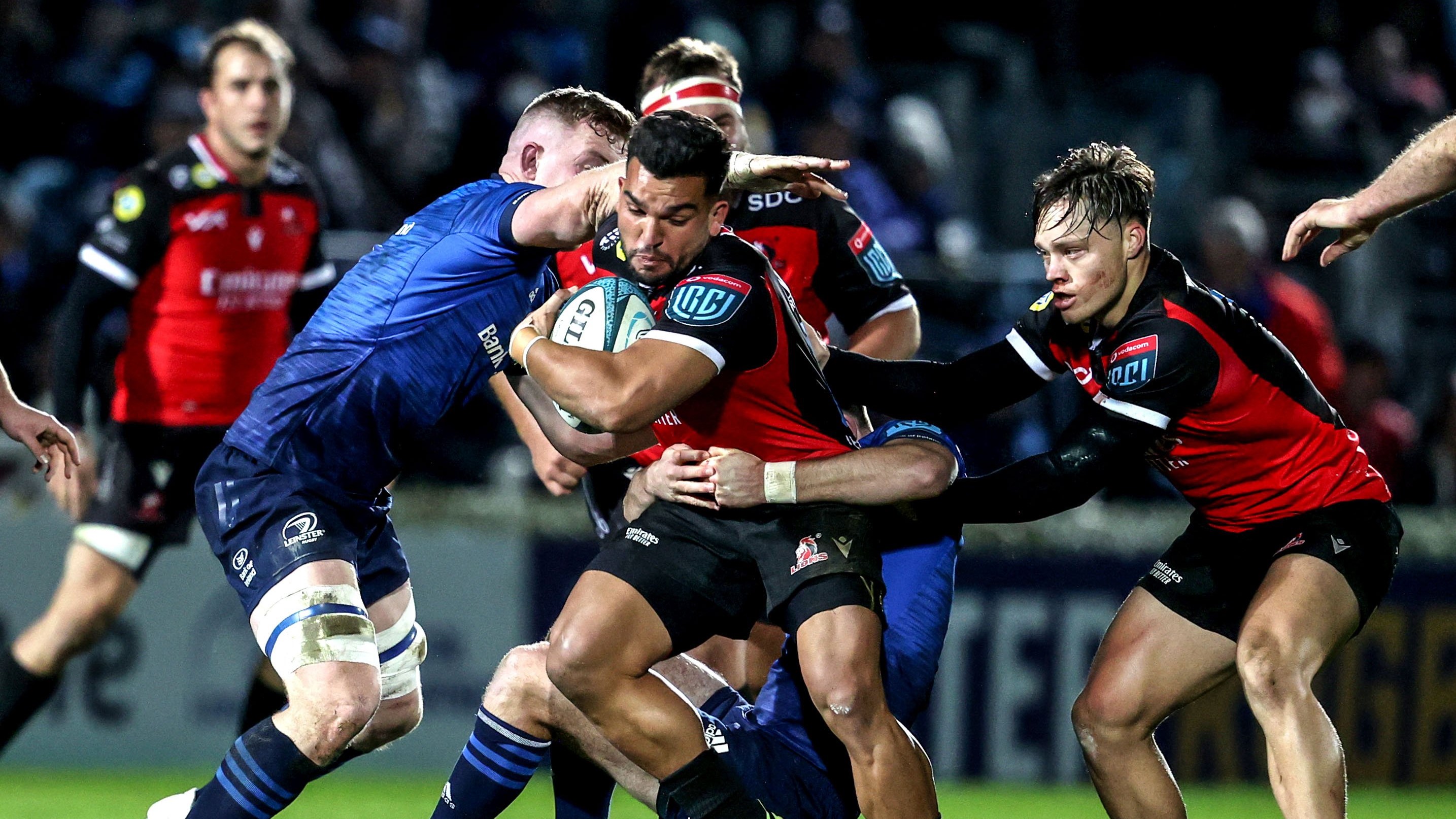 Mandatory Credit: Photo by Dan Sheridan/INPHO/Shutterstock/BackpagePix (12823240y) Leinster vs Emirates Lions. Lions' Stean Pienaar with Dan Leavy of Leinster United Rugby Championship, RDS, Dublin - 25 Feb 2022