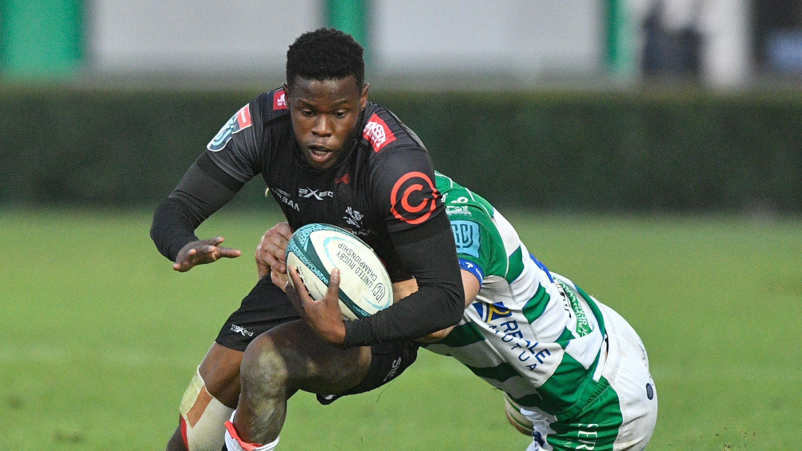Mandatory Credit: Photo by Luca Sighniolfi/INPHO/Shutterstock/BackpagePix (12824431aj) Benetton Rugby vs Cell C Sharks. Sharks' Aphelele Fassi and Lorenzo Cannone of Benetton United Rugby Championship, Stadio Monigo, Treviso, Italy - 26 Feb 2022