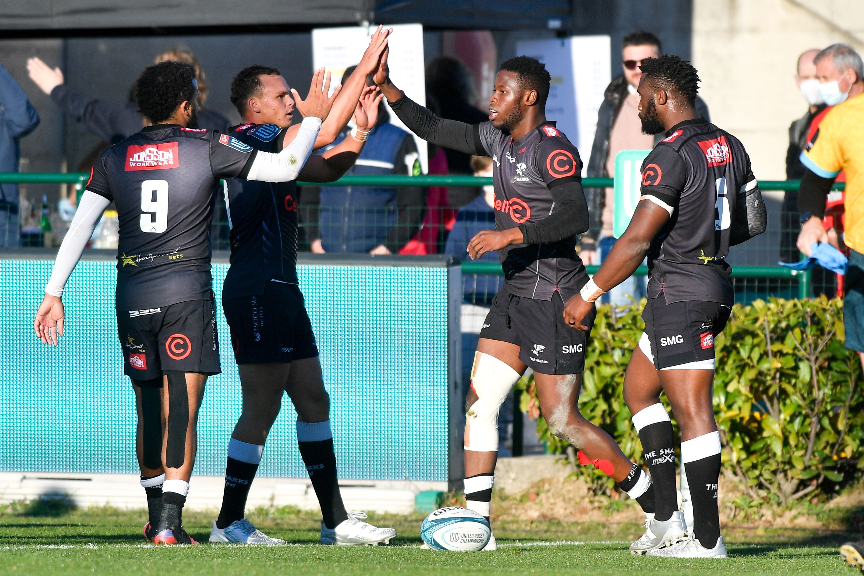 Mandatory Credit: Photo by Luca Sighniolfi/INPHO/Shutterstock/BackpagePix (12824431t) Benetton Rugby vs Cell C Sharks. Sharks' Aphelele Fassi celebrates scoring their second try with teammates United Rugby Championship, Stadio Monigo, Treviso, Italy - 26 Feb 2022