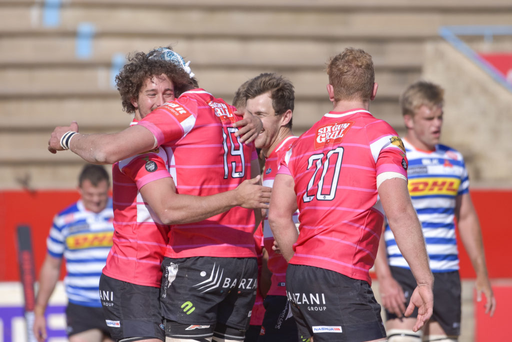 KIMBERLEY, SOUTH AFRICA - AUGUST 22: James Verity-Amm of Griquas celebrating with team mates during the Carling Currie Cup match between Tafel Lager Griquas and DHL Western Province at Tafel Lager Park on August 22, 2021 in Kimberley, South Africa.