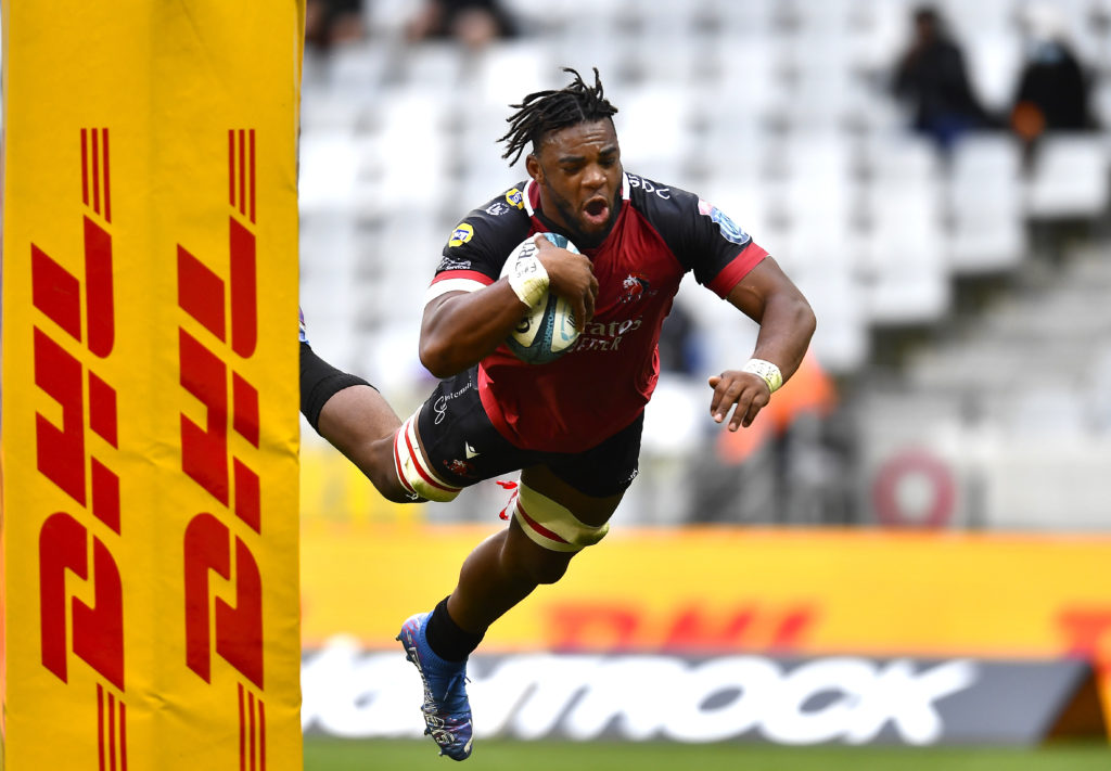 CAPE TOWN, SOUTH AFRICA - DECEMBER 04: Vincent Tshituka of the Lions scores a try during the United Rugby Championship match between DHL Stormers and Emirates Lions at DHL Stadium on December 04, 2021 in Cape Town, South Africa.