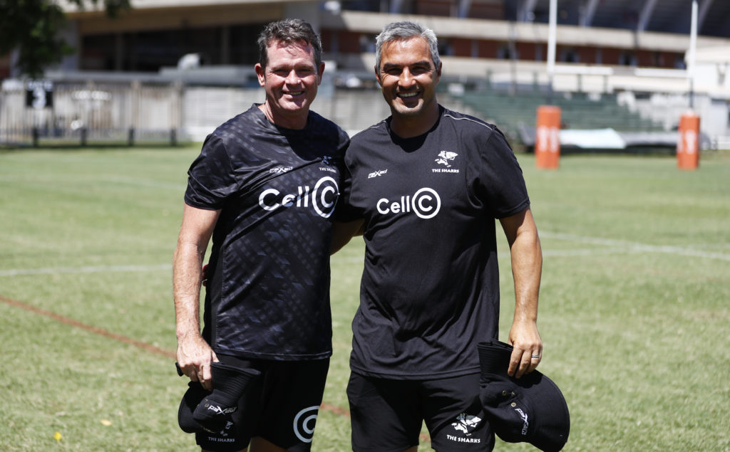 DURBAN, SOUTH AFRICA - FEBRUARY 08: Sean Everitt (Head Coach) of the Cell C Sharks with Neil Powell of the Cell C Sharks during the Cell C Sharks training session at Hollywoodbets Kings Park Stadium on February 08, 2022 in Durban, South Africa.